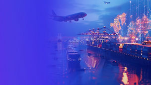 Aircraft flying above a container port with cargo ships, cranes, and stacked shipping containers, overlaid with a glowing world map and digital light elements