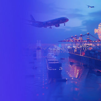 Aircraft flying above a container port with cargo ships, cranes, and stacked shipping containers, overlaid with a glowing world map and digital light elements