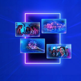 Neon blue and purple digital collage showing four connected panels: a group collaborating around laptops, a glowing virtual cube city representation, a hand holding a digital network sphere, and a professional at a business event, all framed within a luminous geometric outline symbolizing enterprise transformation and technology.