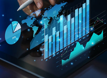 Business analysis big data screen and economic growth with financial graph. Concept of virtual dashboard technology digital marketing and global economy network connection. 3D illustration.