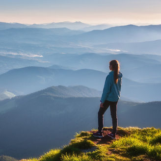 A woman is watching the forest from a mountain