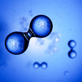 3d render: Abstract hydrogen molecules H2 in front of blue vignetted background