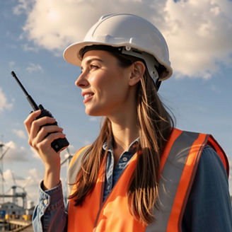 Person med vernehjelm og refleksvest bruker walkie-talkie ved en havn med vindturbiner i bakgrunnen.
