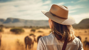 A women wearing hat standing in a grassland