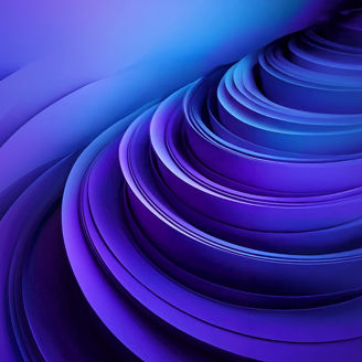 Abstract blue and purple curved layers appear on a smooth gradient background.