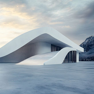 abstract architectural design in 3d rendering showcasing an ancient inspired structure with an expansive empty parking area, concrete flooring, and a stunning backdrop of mountains and open sky.