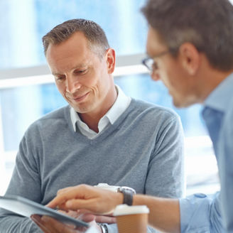 Thinking, tablet or business people in airport for global invest strategy, finance growth or financial review. Corporate or teamwork in lobby for social media, data analysis or economy research study.