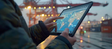 Technician using a tablet with a global map application at a shipping port, managing logistics and cargo tracking.