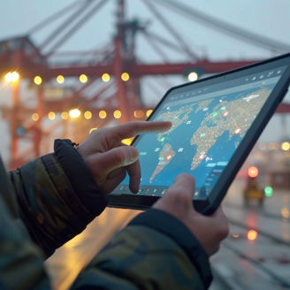 Technician using a tablet with a global map application at a shipping port, managing logistics and cargo tracking.