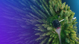 Aerial view of a cottage in the forest next to a lake