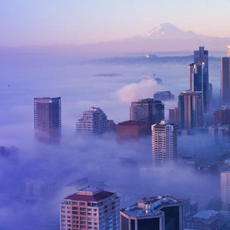Aerial view of skyscraper in cloud