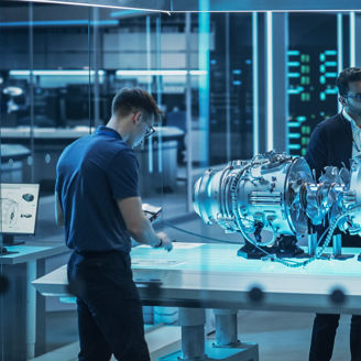 Smart Team of Engineers, Project Manager and Machinery Operators Collaborate on a New Type of a Electric Turbine Engine, Standing with Tablet and Laptop Computers in Scientific Technology Lab.