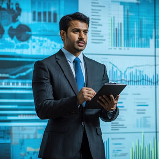 An Indian business leader giving a presentation with growth charts and projections, showcasing successful business expansion and future growth in India