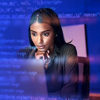 Laptop, code hologram and woman thinking of data analytics, information technology or software overlay at night. Computer and IT people solution with algorithm, statistics and cybersecurity research