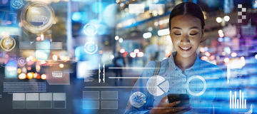  woman with tablet and holograms