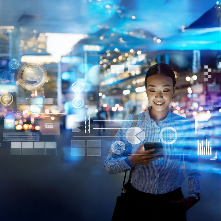   Frau mit Tablet und Hologrammen