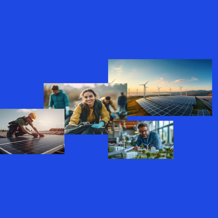 Collage showing wind turbines, solar panels, people collaborating outdoors, and a professional working with architectural models
