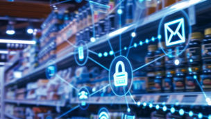 Innovative smart retail store shelves with digital icons displaying cyber security, wi-fi, and connectivity features