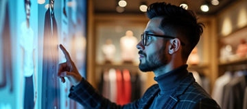 A man looking at a screen in a retail shop