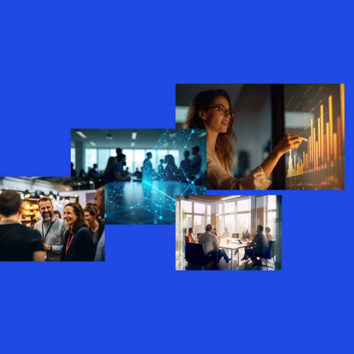 A collection of images showing people interacting with each other and technology, with the images sitting on a blue background
