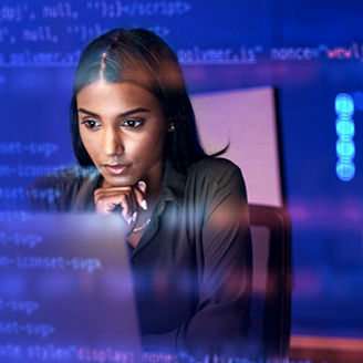 Laptop, code hologram and woman thinking of data analytics, information technology or software overlay at night. Computer and IT people solution with algorithm, statistics and cybersecurity research