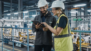 Male Specialist and Female Car Factory Engineer in High Visibility Vests Using Tablet Computer. Automotive Industrial Manufacturing Facility Working on Vehicle Production. Diversity on Assembly Plant.