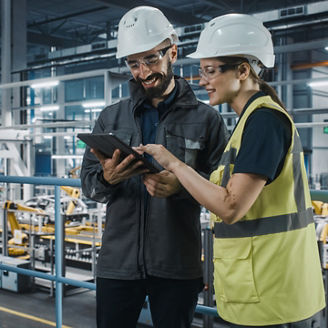 Fotografía de dos ingenieros supervisando una planta de manufactura