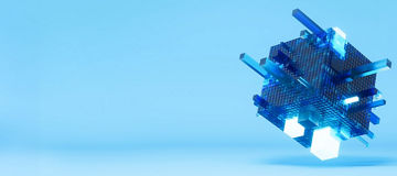 Ein schwebendes, komplexes geometrisches Objekt aus blauen und schwarzen Flächen mit hervorstehenden Stäben vor einem hellblauen Hintergrund.