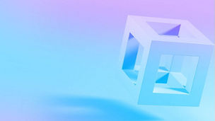 Ein schwebendes, geometrisches Objekt aus transparenten und weißen Flächen vor einem Hintergrund in Blau- und Lilatönen.