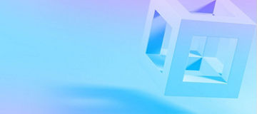 Ein schwebendes, geometrisches Objekt aus transparenten und weißen Flächen vor einem Hintergrund in Blau- und Lilatönen.