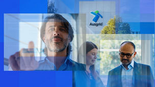 Ausgrid employees in office and standing in front of Ausgrid building