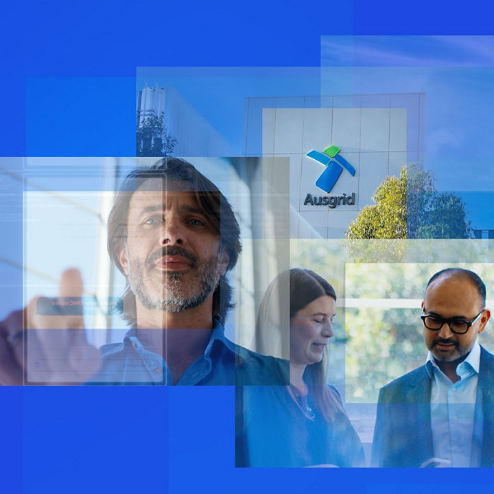 Ausgrid employees in office and standing in front of Ausgrid building