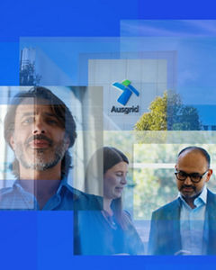 Ausgrid employees in office and standing in front of Ausgrid building