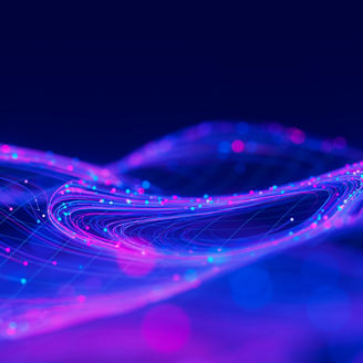 Closeup of Big data swirl patterns in futuristic cyberspace. Whirl flow of data in quantum digital network. Neon qubit stream with DOF. 3D Illustration