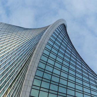 Detail of glass office building in the sky, Moscow, 28.07.2020
