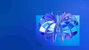 Blue abstract 3D metallic design on a gradient blue background.