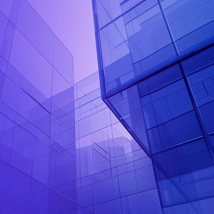 Buildings with square reflective blue glass banner