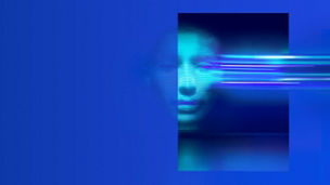 Blue gradient background with abstract rectangles and light streaks