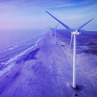 Blue gradient windmills on lakeside