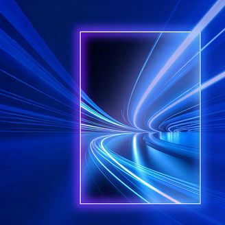 Blue light trails inside a glowing frame on a dark blue background