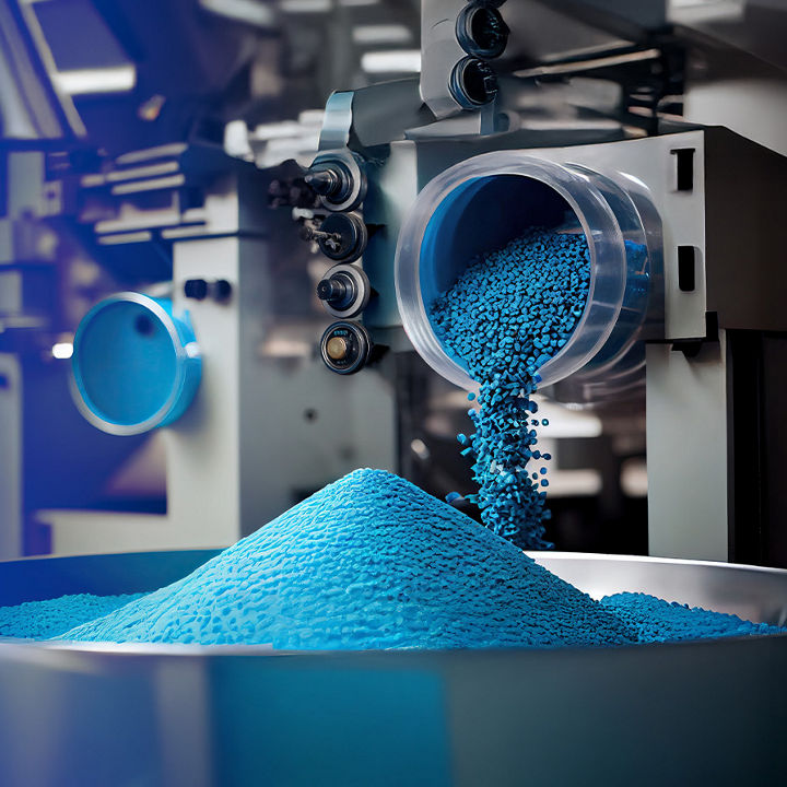 Machine in a factory dispensing blue plastic pellets banner