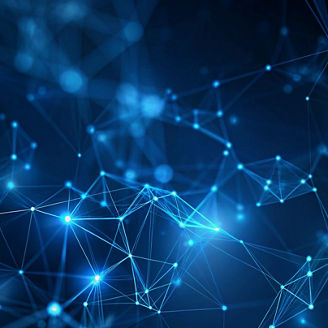Abstract connected dots and lines on blue background. Communication and technology network concept with moving lines and dots. Network connection structure.