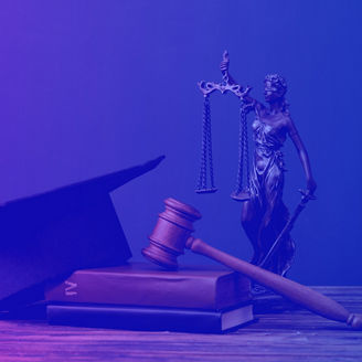 books, themis statuette, academic cap and gavel on wooden surface isolated on grey