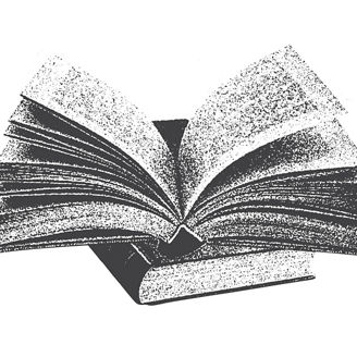 Opened book, collage component featuring an old-fashioned stipple photocopy effect. Book, antique stipple photocopy effect collage element, with retro grainy texture  y2k collage design
