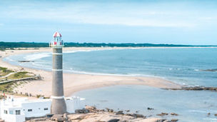 View of lighthouse in La Paloma city, drone point of view, Rocha department, Uruguay.
Image taken outdoors, daylight, no people in the image.