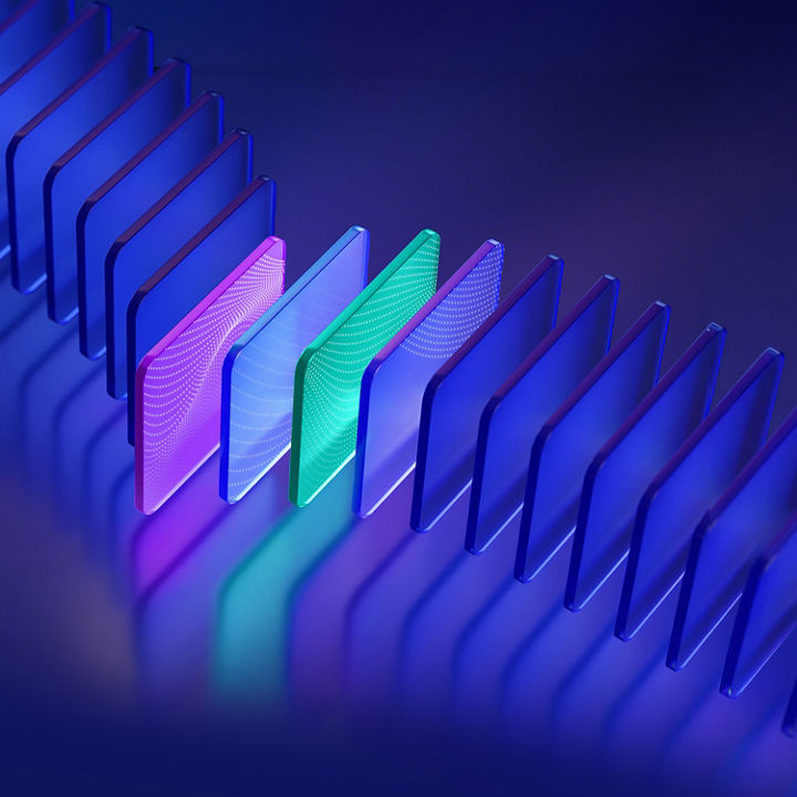 A series of brightly illuminated transparent acrylic panels