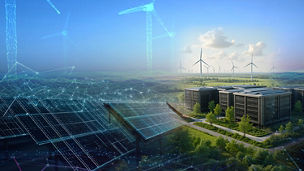 Building with wind turbines and solar panels