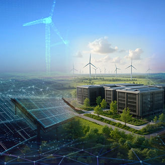 Building with wind turbines and solar panels