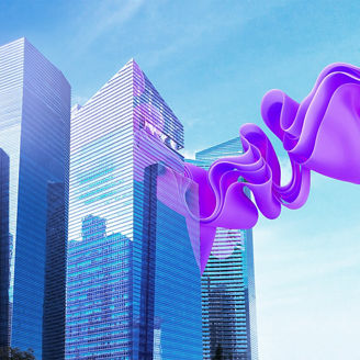 Buildings with abstract pink ribbon