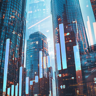 Cityscape glass buildings with bar chart reflection
